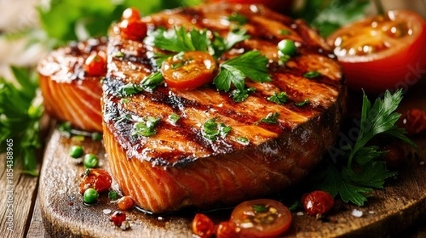 Obraz Grilled salmon fillet with cherry tomatoes and herbs.