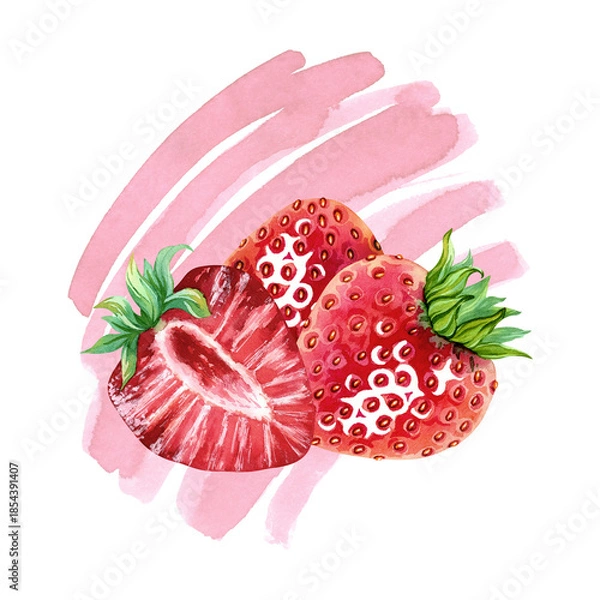 Fototapeta A red, juicy strawberry with a green leaf against a pink splash of strawberry juice or yogurt. A beautiful berry design. Summer red berries. Sweet ripe strawberry. Hand drawn watercolor illustration