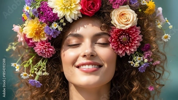 Fototapeta Woman with floral headpiece smiling with eyes closed