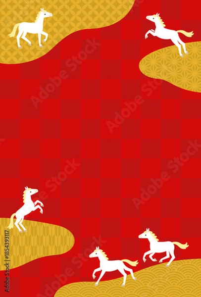 Obraz 赤い市松模様の背景に和柄の金雲と白馬の縦フレーム