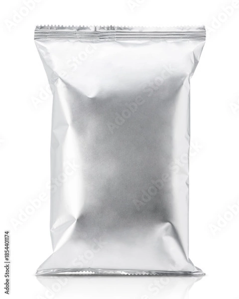 Obraz Blank silver foil snack packaging bag mockup isolated on a white background