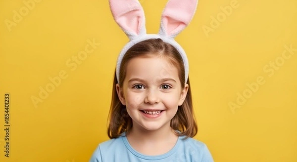 Obraz Portrait of little girl in blue t-shirt with Easter bunny ears on her head on a yellow isolated background. 
