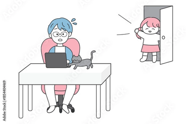Obraz 在宅ワーク中に家族やペットに仕事を邪魔される男性のイラスト