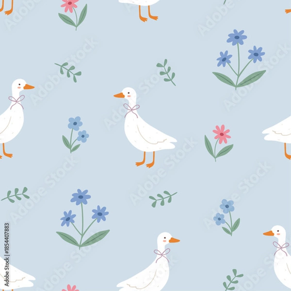 Fototapeta Cozy seamless pattern with ducks and flowers