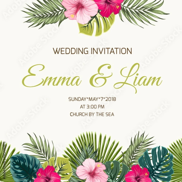 Obraz Wedding invitation card design template. Exotic tropical greenery leaves and bright pink red purple hibiscus flowers. Top bottom border frame decoration. Text placeholder. Vector illustration.