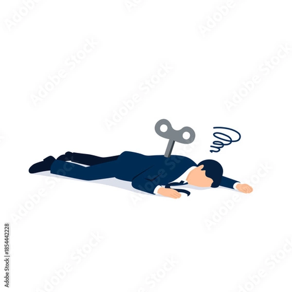 Obraz 力尽きたぜんまい仕掛けのビジネスマン、エネルギー切れのイメージイラスト
