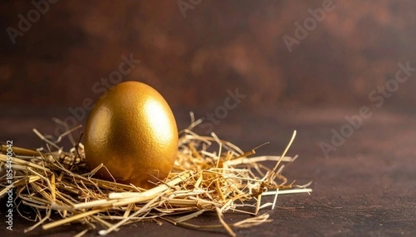 Obraz A golden Easter egg with hay on dark brown background.