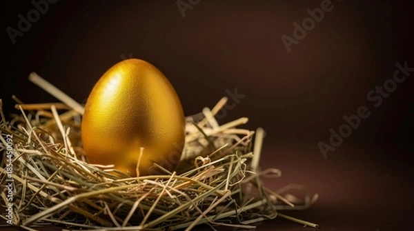 Obraz A golden Easter egg with hay on dark brown background.