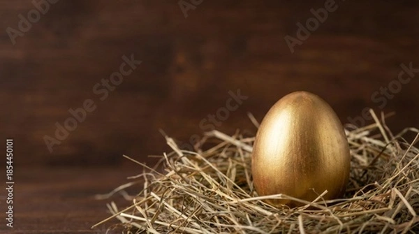 Obraz A golden Easter egg with hay on dark brown background.