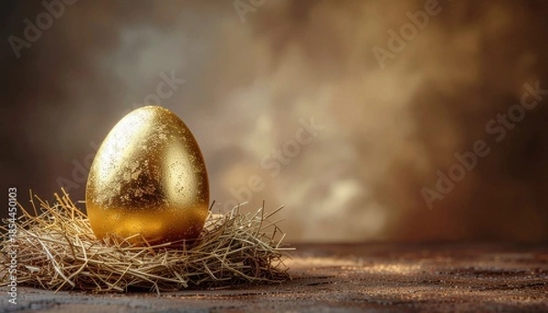 Obraz A golden Easter egg with hay on dark brown background.
