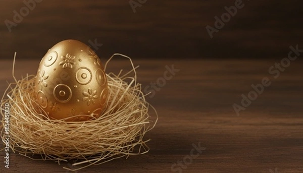 Obraz A golden Easter egg with hay on dark brown background.
