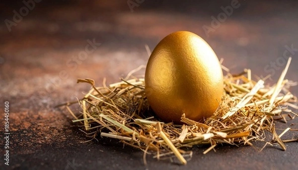 Obraz A golden Easter egg with hay on dark brown background.