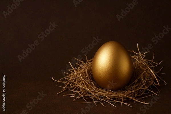 Obraz A golden Easter egg with hay on dark brown background.