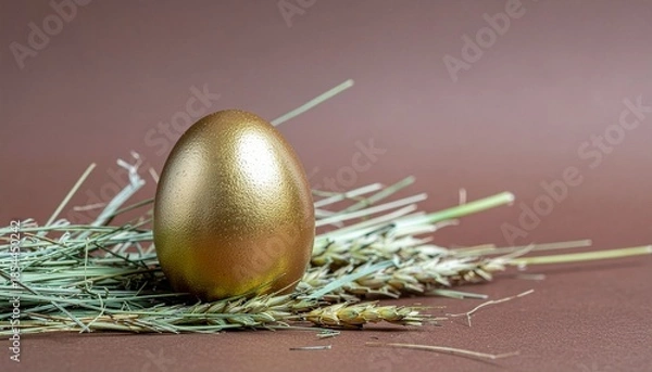 Obraz A golden Easter egg with hay on dark brown background.