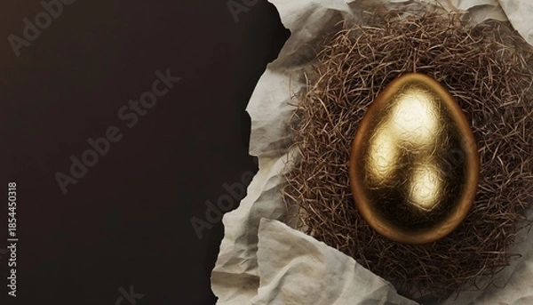 Obraz A golden Easter egg with hay on dark brown background.