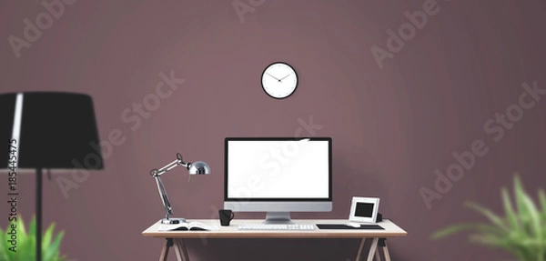 Fototapeta Computer display and office tools on desk. Desktop computer screen isolated..