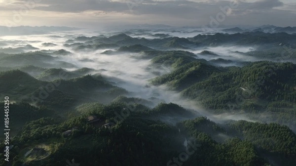 Obraz misty mountain valley with sea of clouds, soft sunlight, cinematic landscape, no people 