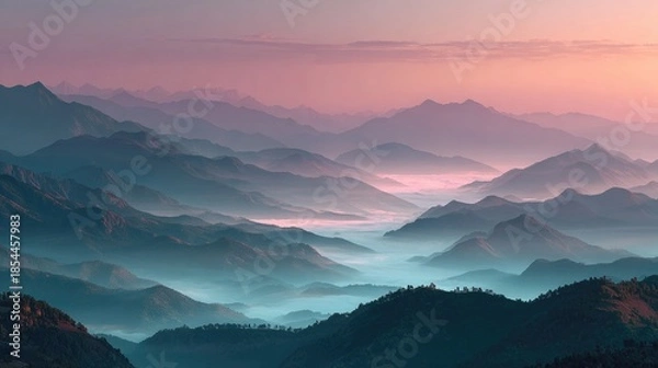 Obraz peaceful dawn above sea of mist and mountains, pastel sky
