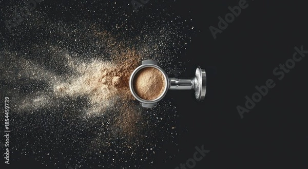 Obraz Coffee filter with coffee powder explosion against a dark background