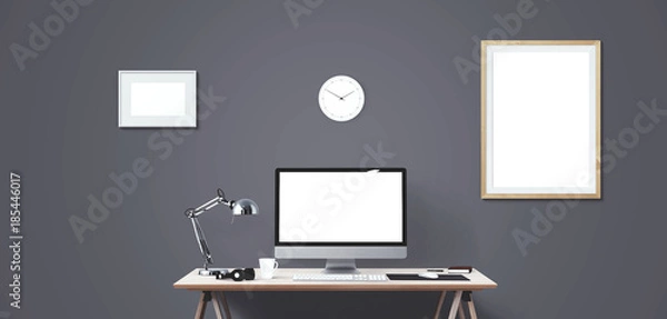 Fototapeta Computer display and office tools on desk. Desktop computer screen isolated. Modern creative workspace background. Front view.