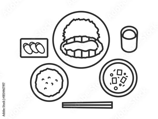 Fototapeta とんかつ定食のイラスト　線画のみ