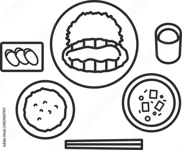 Fototapeta とんかつ定食のイラスト　線画のみ