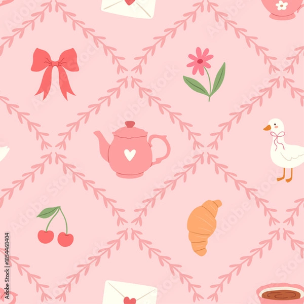 Fototapeta Seamless coquette pattern with tea time