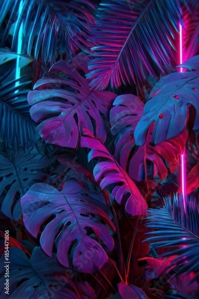 Obraz Tropical monstera leaves glowing in vibrant neon light, vertical