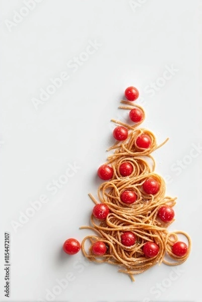 Obraz Spaghetti christmas tree with cherry tomatoes creating holiday food art, vertical