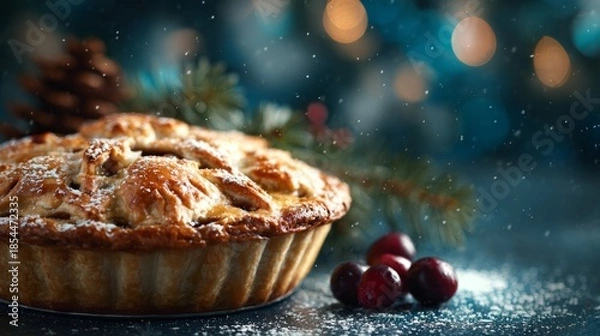 Obraz Christmas pie with cranberries and falling snow