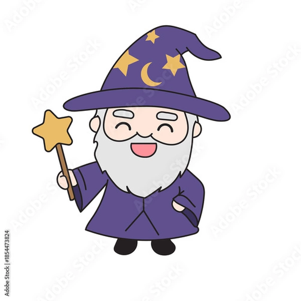 Obraz Cartoon Wizard With Magic Wand Vector PNG Image