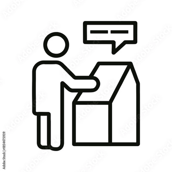Obraz person putting object into cardboard box with speech bubble