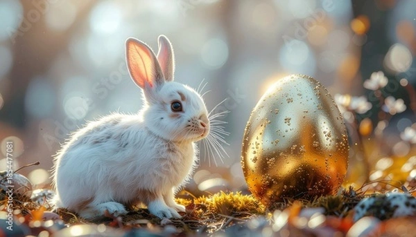 Obraz A golden Easter egg and cute Easter bunny. Happy easter day.