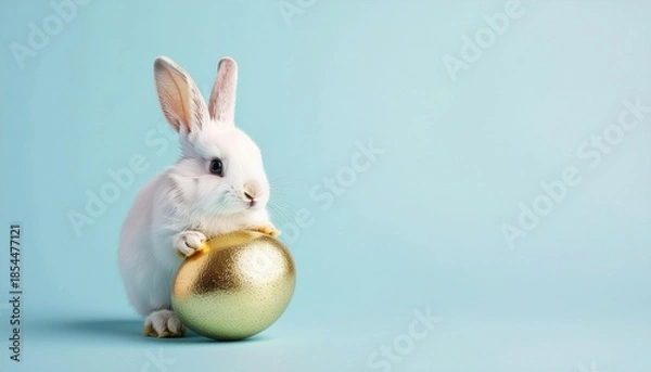 Obraz A golden Easter egg and cute Easter bunny. Happy easter day.