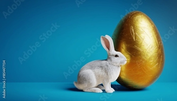 Obraz A golden Easter egg and cute Easter bunny. Happy easter day.