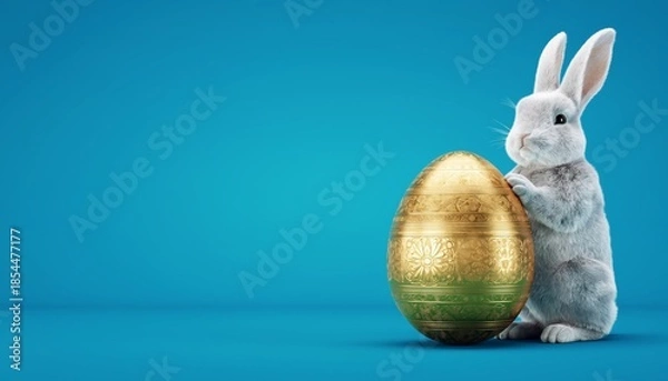 Obraz A golden Easter egg and cute Easter bunny. Happy easter day.