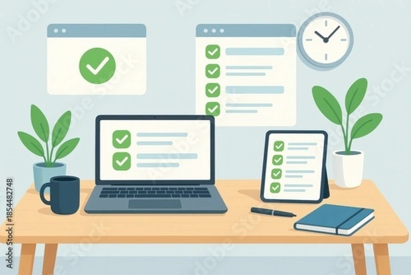 Obraz Modern workspace with laptop and tablet displaying completed tasks, highlighting productivity, organization, and digital efficiency in work environments.