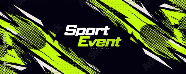 Fototapeta Energetic and Dynamic Sport Background with Green and White Brush Strokes in Grunge Style with Halftone Pattern. Poster or Banner Template Design for Sports Event or Video Game Promotion