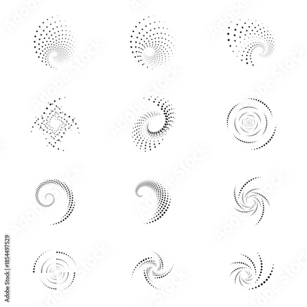 Obraz Abstract Dotted Spiral and Radial Halftone Design Elements with Dynamic Motion Patterns