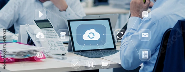 Fototapeta クラウドシステムとデータ連携　オフィス業務のイメージ