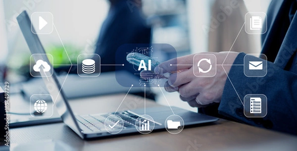 Fototapeta ビジネスシーン、デジタルワークフロー、クラウド、デジタルネットワークイメージ　AI活用とDX推進によるオフィス業務のデジタル変革コンセプトイメージ　