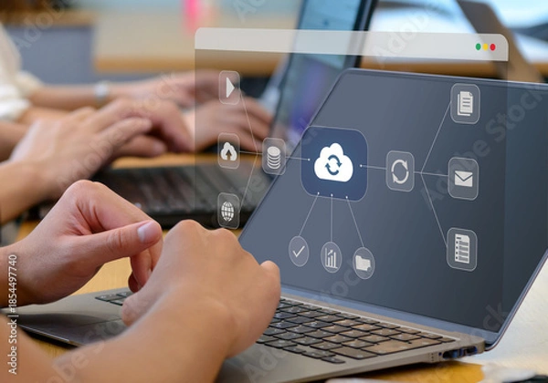 Fototapeta ビジネスシーン、DX、IT、クラウド、デジタルワークフロー