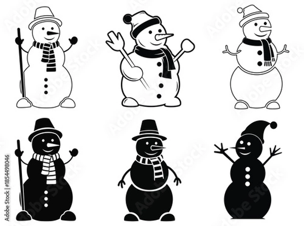 Obraz Collection of cute snowmen in black and white vector illustrations