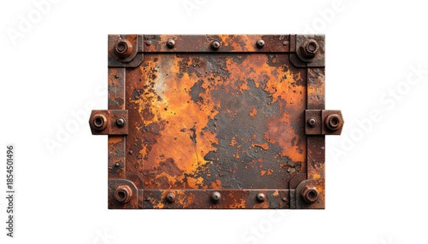 Obraz Weathered, rectangular metal plate with rivets, corrosion, & worn texture