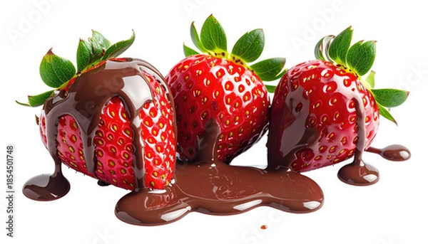 Obraz Three juicy strawberries covered in rich, dark melted chocolate