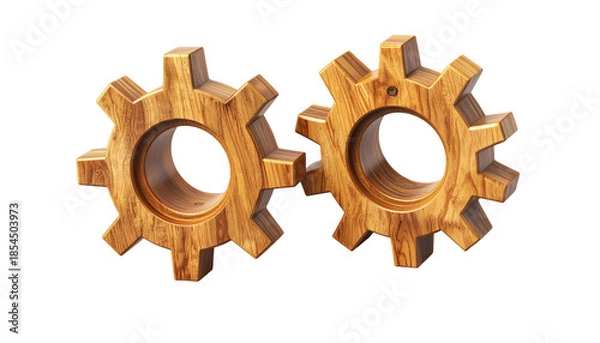 Obraz Two wooden gears interlocked, on a black background, with detailed wood grain