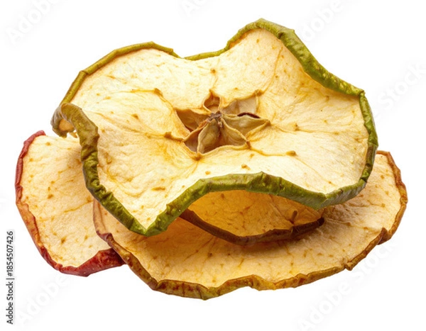 Obraz Dehydrated apple slices, golden brown with red edges, close-up shot