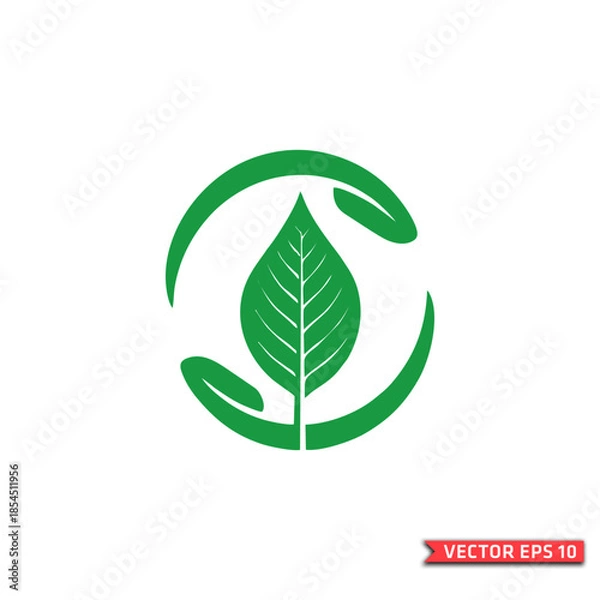 Obraz Green Leaf Inside Circular Arrows Logo for Eco-Friendly Sustainability