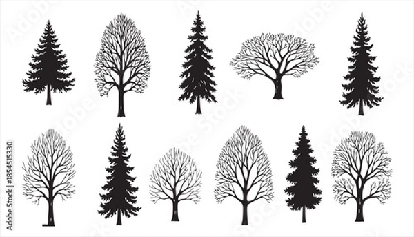 Obraz Various tree silhouettes isolated on white background