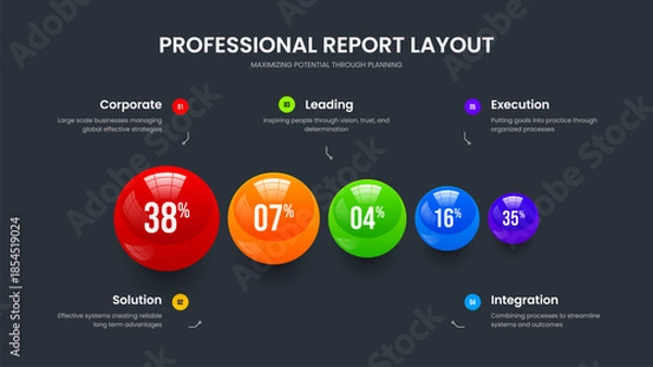 Obraz Digital Visualization 5 Option Graph Presentation Design. Medical Proposal Slide Template Vector Illustration. Minimalist Insight Five Step Chart Slideshow Layout.